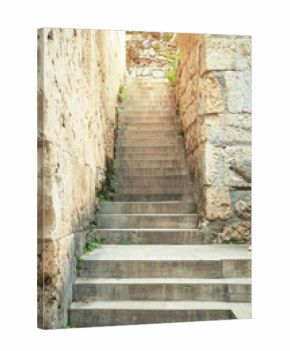 Outdoor staircase with concrete walls.