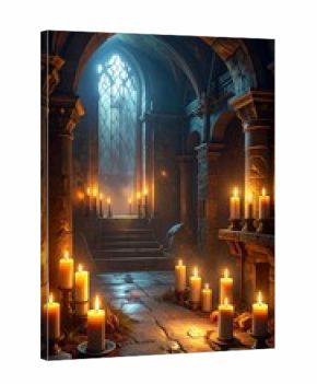 Enchanted Gothic Interior with Flickering Candles and Stone Walls