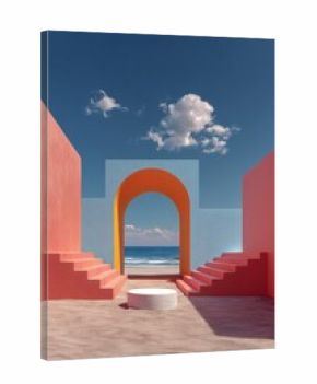 Stylized pastel arch and steps overlooking the ocean under blue skies