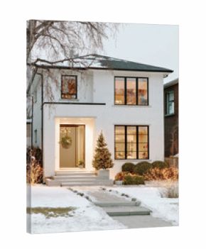 Contemporary white brick house with snow-covered roof, black window frames, Christmas trees