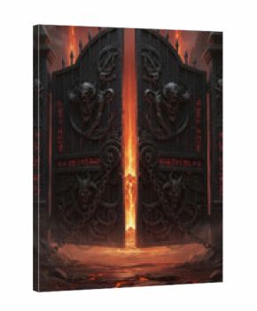 Massive gates stand ajar, revealing flames and molten rock. Dark figures adorn the gates, surrounded by chains and ancient inscriptions. The scene conveys a sense of impending danger and mystery