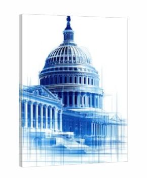American blueprint schematic featuring the iconic Capitol building in abstract style