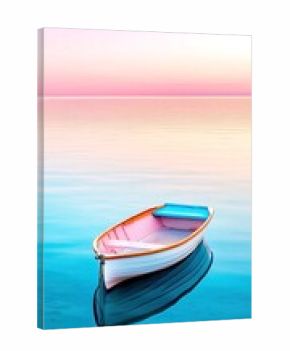A single, empty rowboat drifts on tranquil blue water, reflecting its form, with a soft pastel gradient sky above.