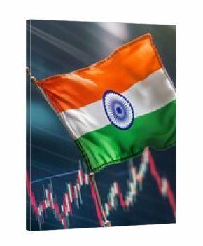 Indian Flag Waving in Front of a Stock Market Screen Showing Fluctuating Graphs and Trends