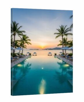 Luxurious resort pool overlooking sea at sunset with palm trees and mountains for travel and vacation brochure design