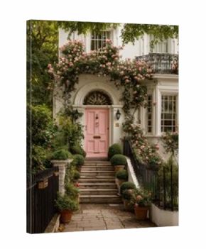 Charming Pink Door Surrounded by Blooming Roses in a Quaint Neighborhood