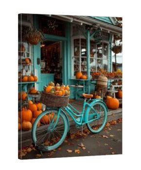 Charming Teal Bicycle With Pumpkin Basket Outside Rustic Shop in Autumn