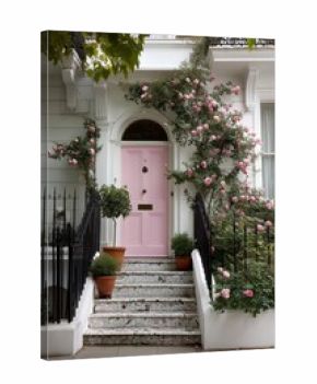 Pink Door With Blooming Roses and Green Foliage in a Charming Neighborhood