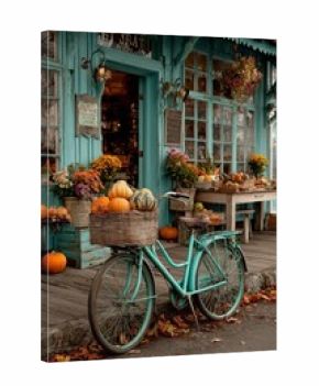 Charming Teal Bicycle With Pumpkin Basket Outside Rustic Shop in Autumn