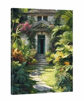 Beautiful Garden Pathway Leading to a Charming House Surrounded by Lush Greenery and Colorful Flowers