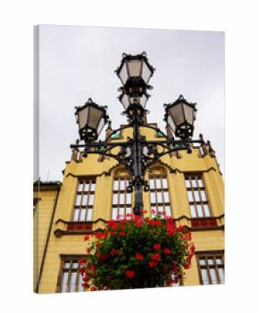 View of a street lamp in the market square in Wrocław, Poland.
