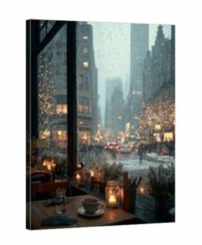 Winter Evening in City Cafe With Rain and Twinkling Lights by the Window