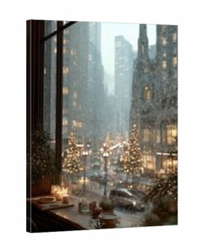 Winter Evening in City Cafe With Rain and Twinkling Lights by the Window