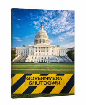 US Capitol building with a government shutdown warning sign in the foreground on a sunny day