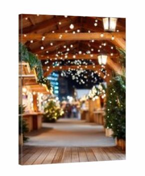 Colorful market stalls are adorned with lights and greenery, creating a warm and inviting holiday scene in the evening