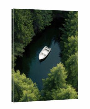 Aerial view of white boat floating on dark green forest lake surrounded by dense pine trees, peaceful and tranquil nature scene