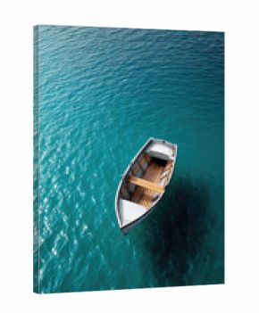 Wooden boat blue water top view clear sea tranquil sunlight shadow outdoor summer peaceful