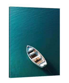 White boat on bright blue water top view, peaceful scene, clear sky reflection, tranquil mood, summer, outdoor, travel