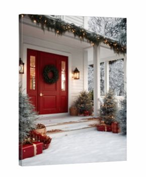Christmas front porch with red door, festive wreath, snow covered steps, evergreen trees, twinkling lights, and wrapped gifts create joyful scene
