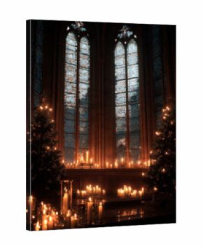 Lit candles inside a decorated church with stained glass windows and Christmas trees glowing in the background. Peaceful moment filled with warmth, light, and sacred stillness.