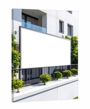 Blank white billboard on a fence in front of a modern building with green plants.