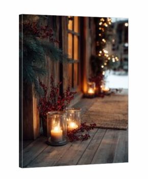 Wooden porch decorated with fir branches, red berries, and glowing candles in glass jars. A welcoming winter entrance filled with rustic holiday charm.
