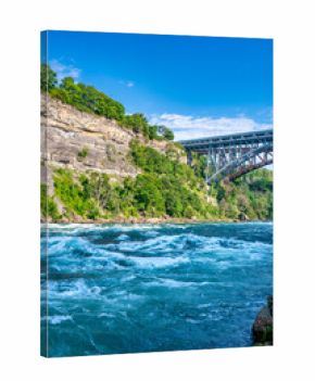 Aerial view of Niagara Falls river in summer with lush greenery and sparkling flowing water