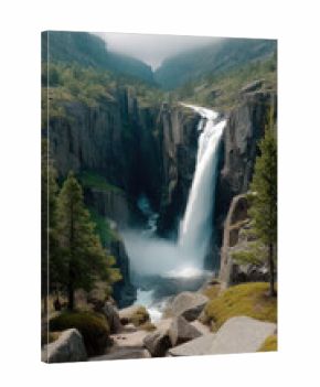 Majestic waterfall cascades down rocky cliff surrounded by lush green forest, mist rising in tranquil mountain landscape