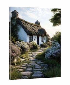 A whitewashed Irish cottage with thatched roof and stone path stands amid blooming bushes in gentle morning light. The calm atmosphere reflects traditional rural life.