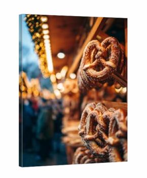 Soft pretzels covered with coarse salt hang on wooden racks at a Christmas market, surrounded by warm garlands and blurred people.