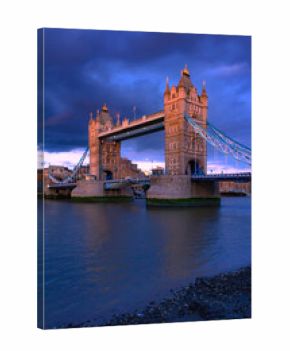 Tower Bridge, the iconic landmark of London spanning the River Thames, captured in a romantic moment. The elegant structure, illuminated against the water, evokes a sense of charm and timeless beauty.