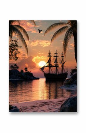 Secluded Pirate Cove with Docked Ships and Palm Trees at Sunset  