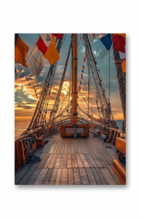 Sunset View on an Old Pirate Ship Deck with Colorful Flags  