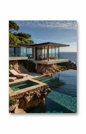 A beautiful cliffside home with an infinity pool and ocean views, blending indoor and outdoor living.