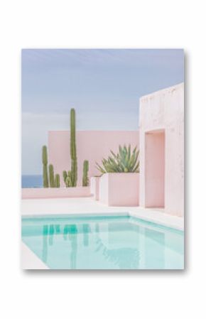 minimalist poolside scene with pastel pink architecture and cactus plants, modern vacation villa, serene and tranquil summer setting, Mediterranean design with desert landscape elements