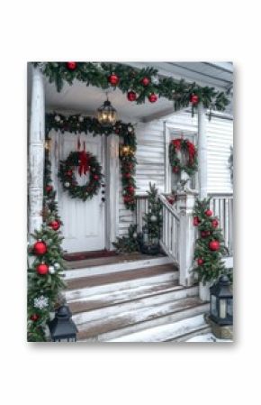 Festively decorated front porch with holiday wreaths and ornaments during winter season