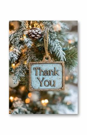 Thank You Ornament Hanging on Christmas Tree with Pine Cones and Lights