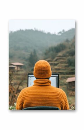 Person working remotely in a scenic location