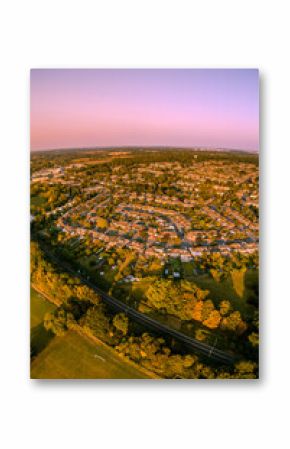 Aerial drone shot during sunset over the town of Bishops Stortford in England