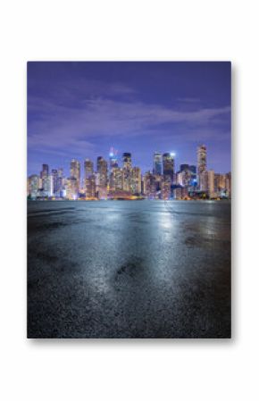 Asphalt road square and modern city buildings scenery at night. car background.