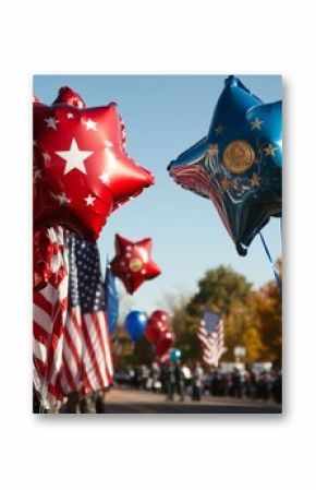 Patriotic Veterans Day Parade, Red, White, and Blue Balloons with Medals, Community Celebration in Autumn