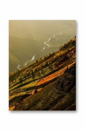 Glacier National Park sunset in Montana looking from a trailhead