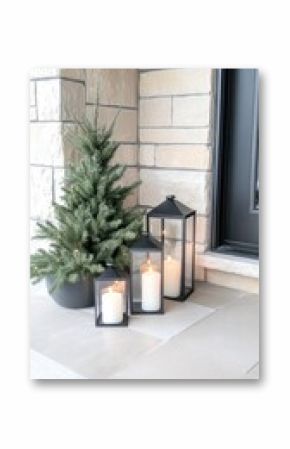 The cozy porch features lush potted Christmas trees adorned with lights, a vibrant wreath on the door, and warm holiday spirit in a welcoming outdoor setting