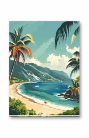 Tropical Beach Paradise:  A vibrant vintage travel poster illustration of a secluded tropical beach, palm trees, crystal-clear turquoise water, and majestic mountains in the background.