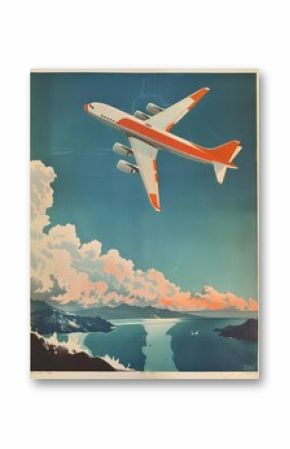 Vintage Airplane Poster: A retro-styled illustration of a jet plane soaring over a serene landscape, evoking a sense of adventure and travel.  Perfect for vintage travel themes and nostalgic designs.