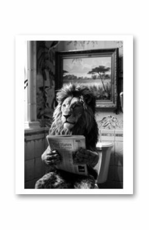 Whimsical Black and White Scene: A Lion Reading the Newspaper in a Bathroom, Surrounded by Vintage Decor and a Nature Painting