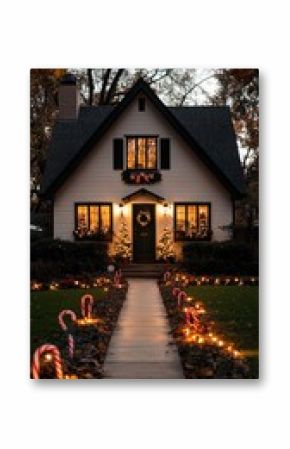 A stylish home showcases white Christmas lights and candy cane decorations at night, highlighted by a welcoming bright yellow door