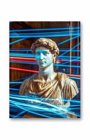 A classical marble bust infused with dynamic neon blue streaks, creating a contrast between traditional and contemporary styles.