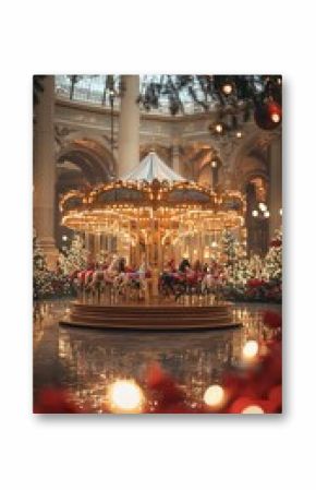 Festive carousel in beautifully decorated indoor setting during the holiday season