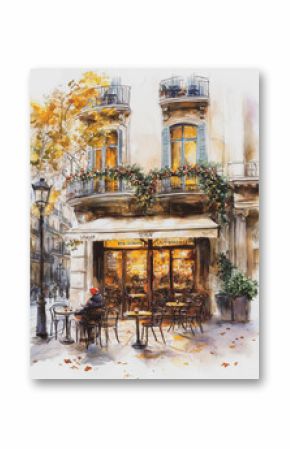 Cozy european cafe outdoor, Barcelona city, autumn time, watercolor